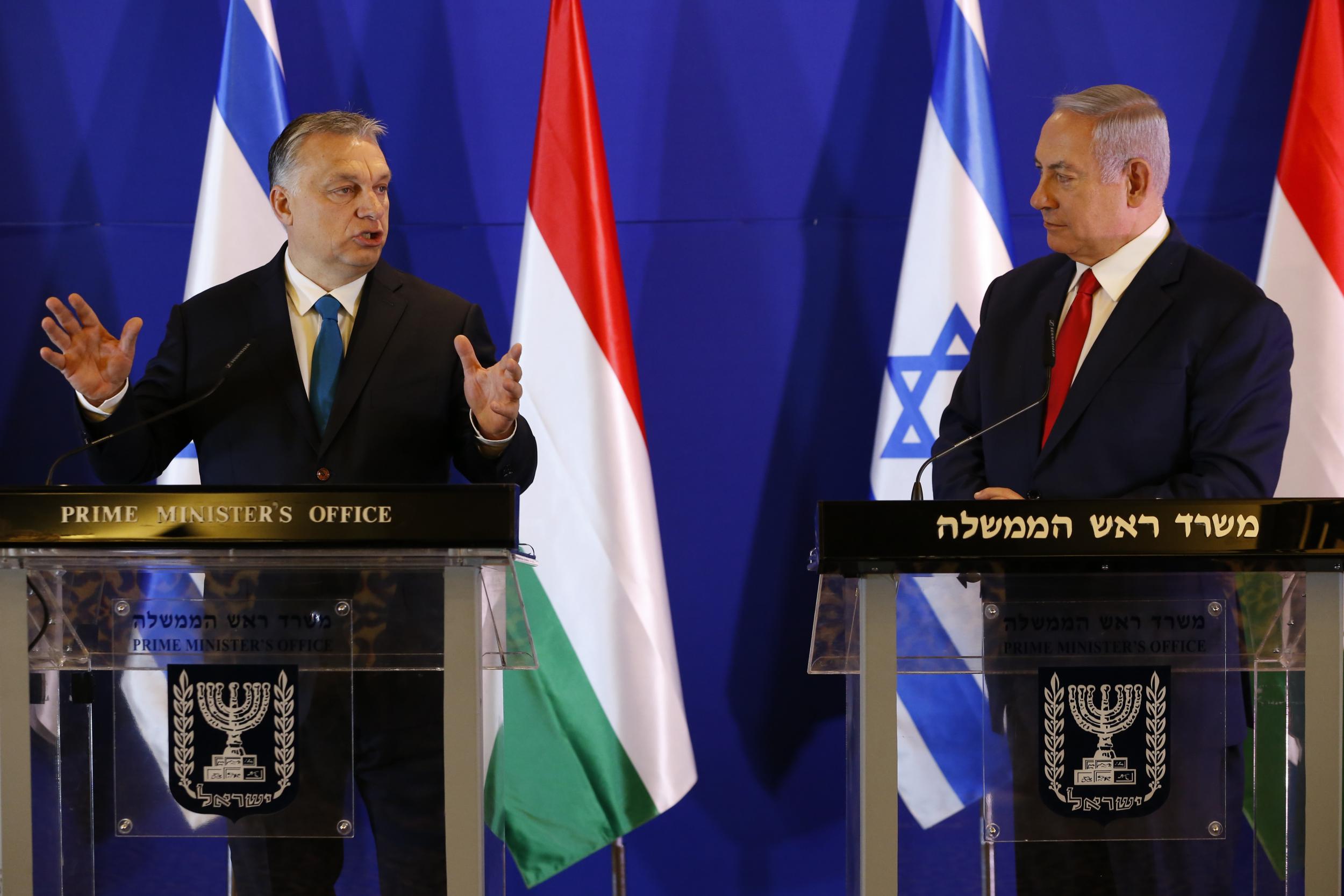 Hungarian prime minister Viktor Orban, left, and Israeli prime minister Benjamin Netanyahu at talks on Tuesday