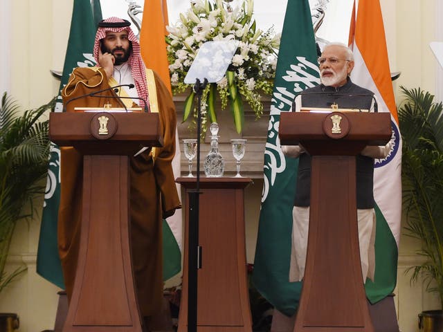 Indian prime minister Narendra Modi speaks alongside Saudi crown prince Mohammad bin Salman