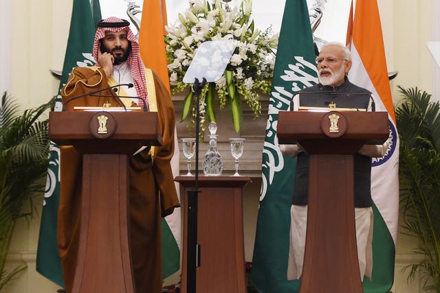 Indian prime minister Narendra Modi speaks alongside Saudi crown prince Mohammad bin Salman