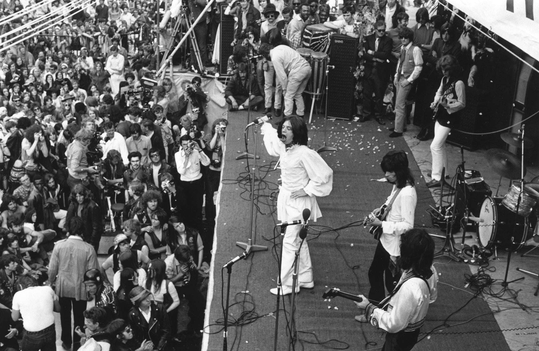 The Rolling Stones at a concert given in memory of guitarist Brian Jones two days after his death in 1969