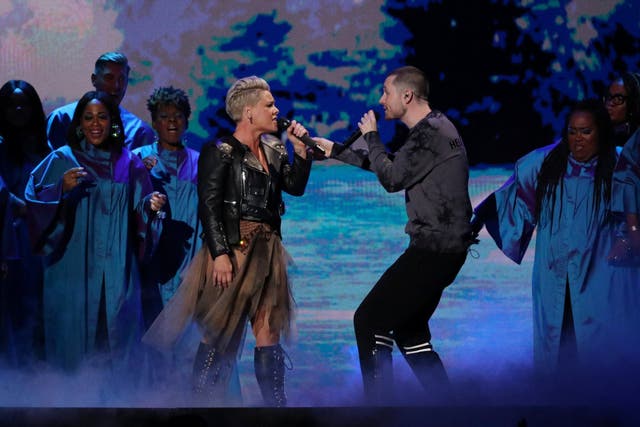 Pink is joined by Bastille's Dan Smith as she performs at the Brit Awards