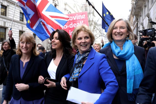 The ex-Conservatives arrive, arm-in-arm with ex-Labour MP Joan Ryan.  (L to R: Joan Ryan, Heidi Allen, Anna Soubry and Sarah Wollaston