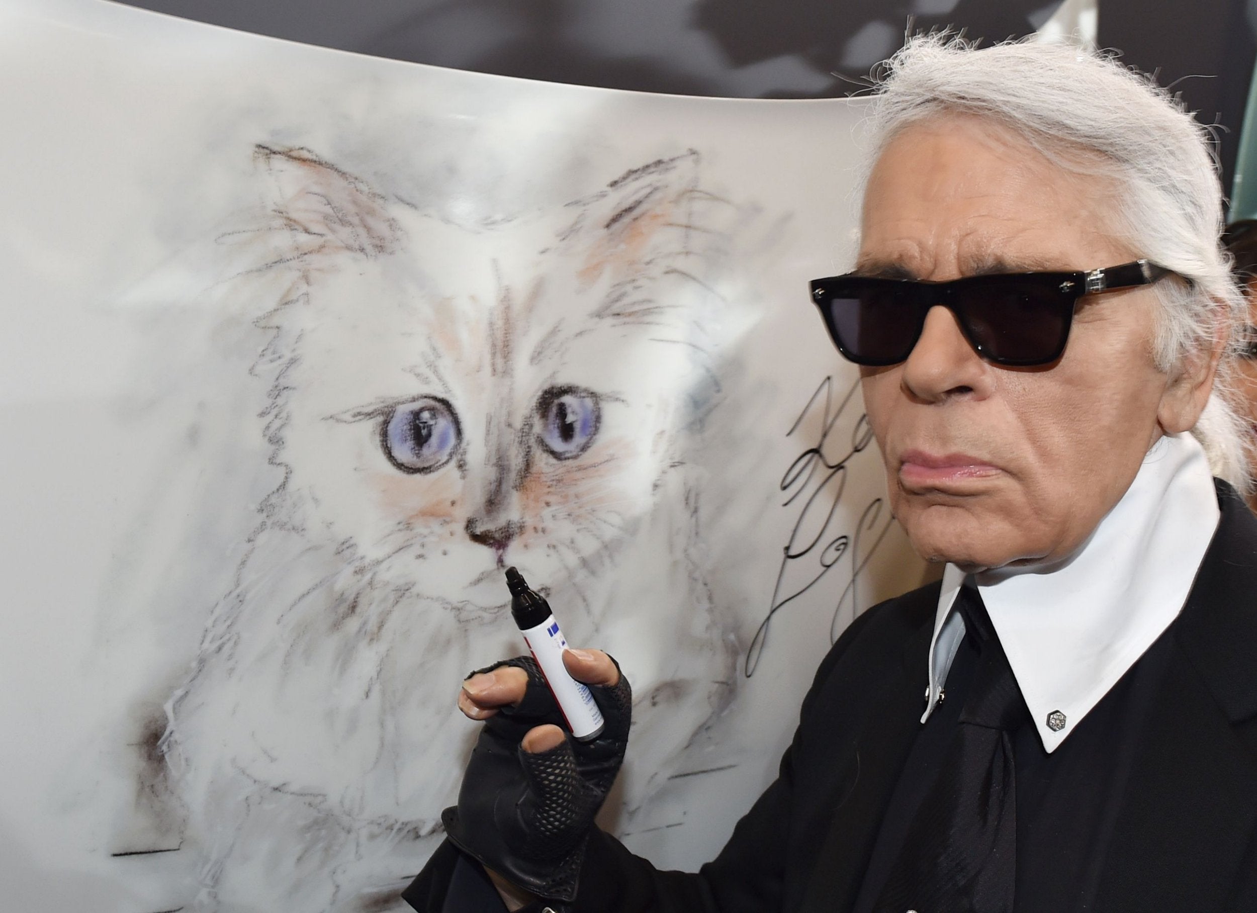 Lagerfeld next to a painting of his cat Choupette during the inauguration of the 2015 show ‘Corsa Karl and Choupette’ at the Palazzo Italia in Berlin