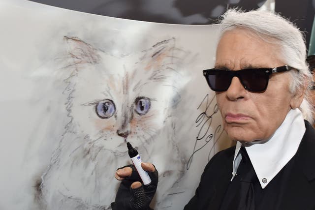 Lagerfeld next to a painting of his cat Choupette during the inauguration of the 2015 show ‘Corsa Karl and Choupette’ at the Palazzo Italia in Berlin