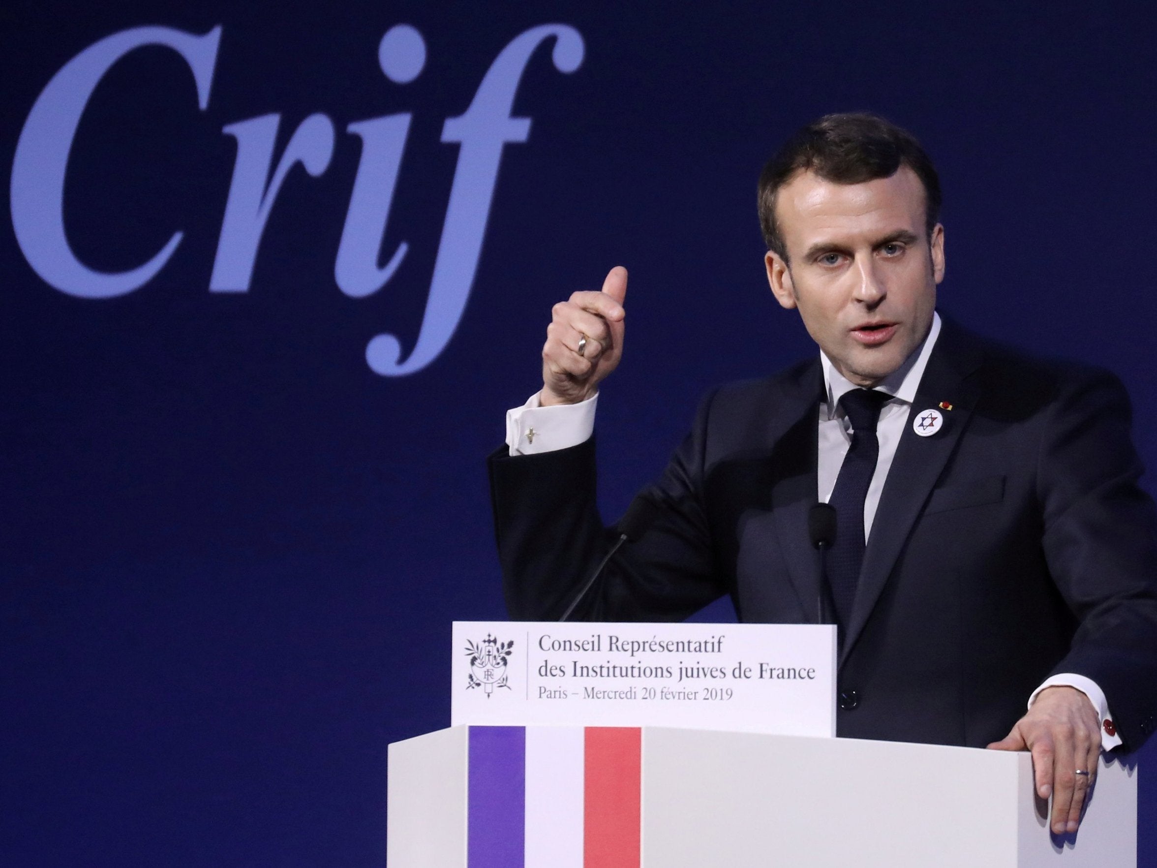 French President Emmanuel Macron speaks during the 34th annual dinner of the Representative Council of Jewish Institutions of France