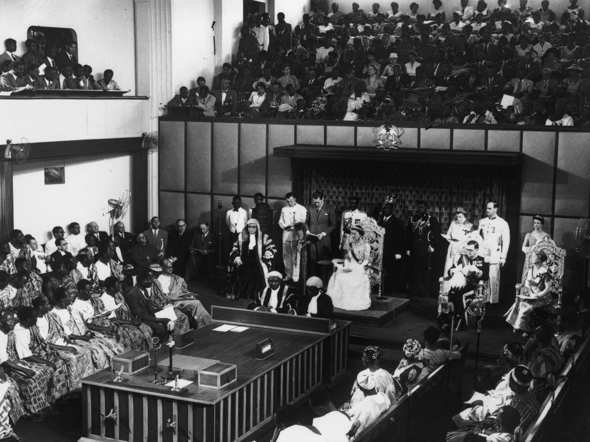The Duchess of Kent reads a speech from Queen Elizabeth in the national assembly of Ghana, granting independence to the Gold Coast