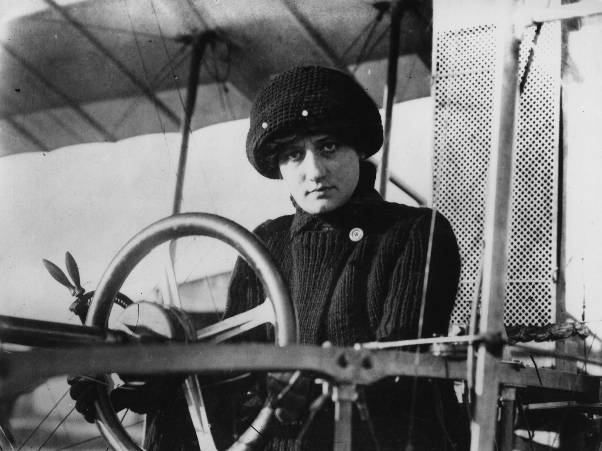 Raymonde de Laroche at the wheel of her plane. She was the first woman to receive a pilot’s licence in 1910