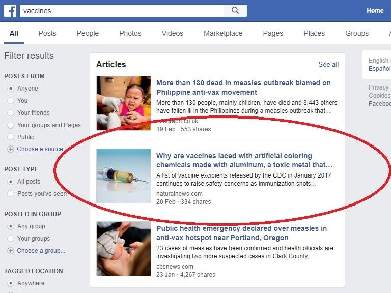Search results on Facebook lead people to articles promoting anti-vaccination myths