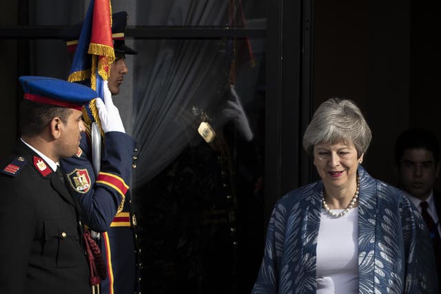 Theresa May arrives in Sharm el-Sheikh, Egypt, for the Arab-European summit on Sunday