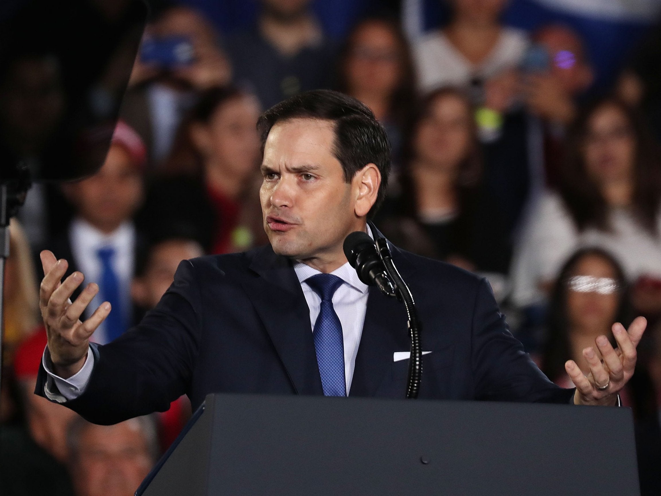 Marco Rubio speaks about Venezuela during a rally on 18 February