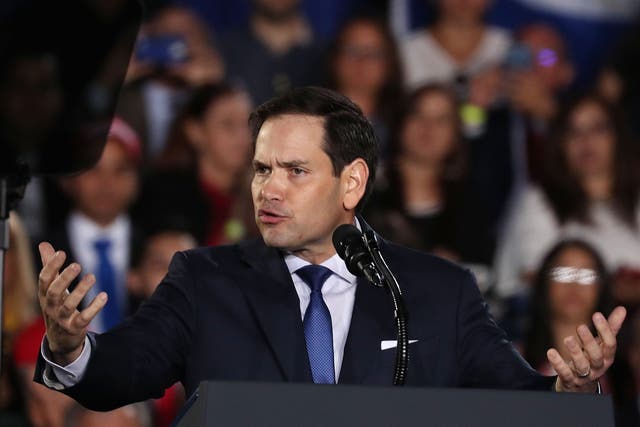 Marco Rubio speaks about Venezuela during a rally on 18 February