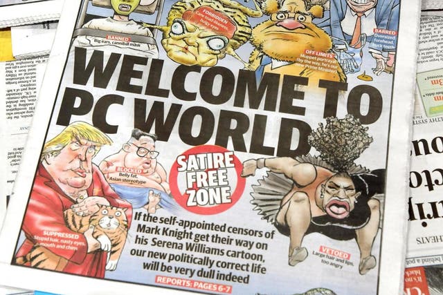 The front page of the Herald Sun newspaper, featuring a cartoon of US tennis player Serena Williams (bottom right), on sale at a news stand in Melbourne on 12 September 2018.