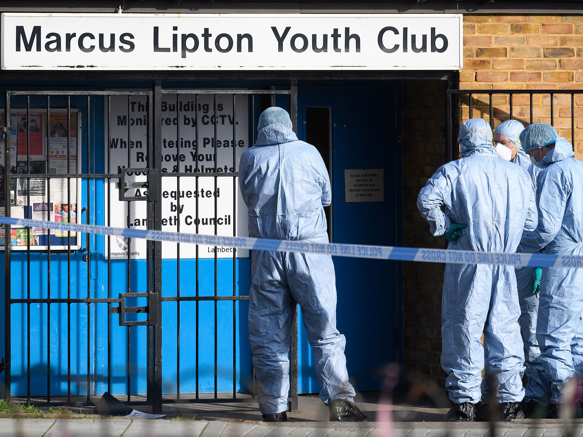 Forensic investigators at the scene of the fatal stabbing last week at Marcus Lipton Youth Club in Brixton