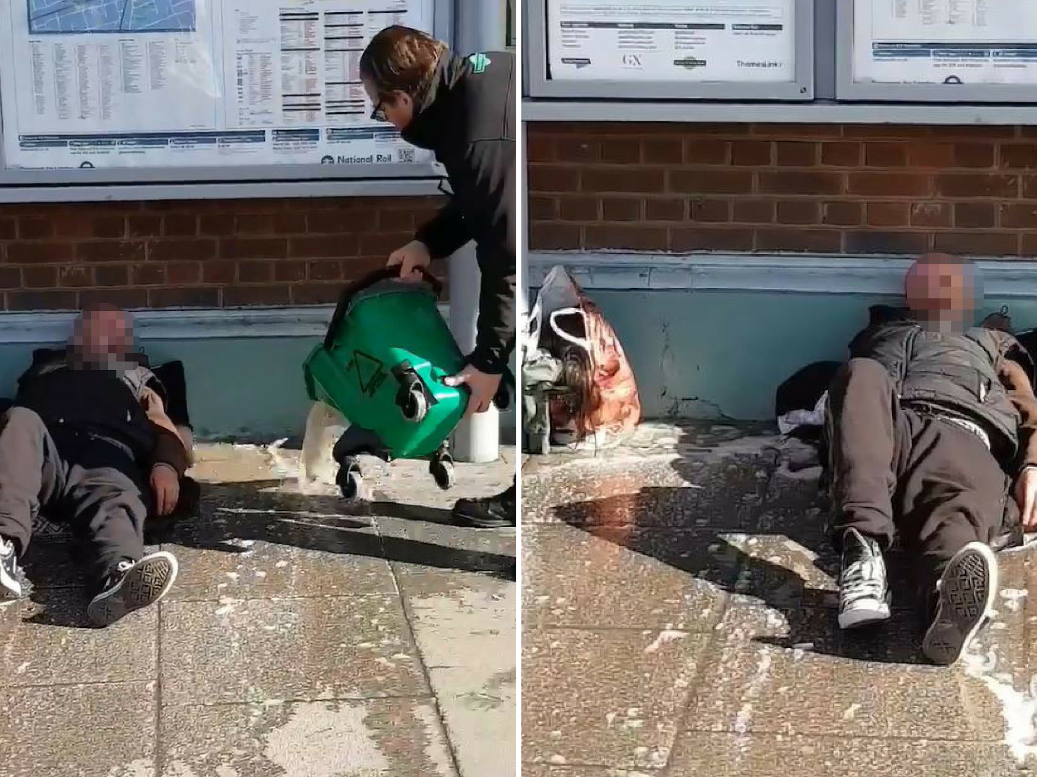 Two Southern Railway workers have been suspended after a bucket of water appeared to be thrown towards a homeless man lying on the ground outside Sutton railway station in southwest London on 21 February 2019.