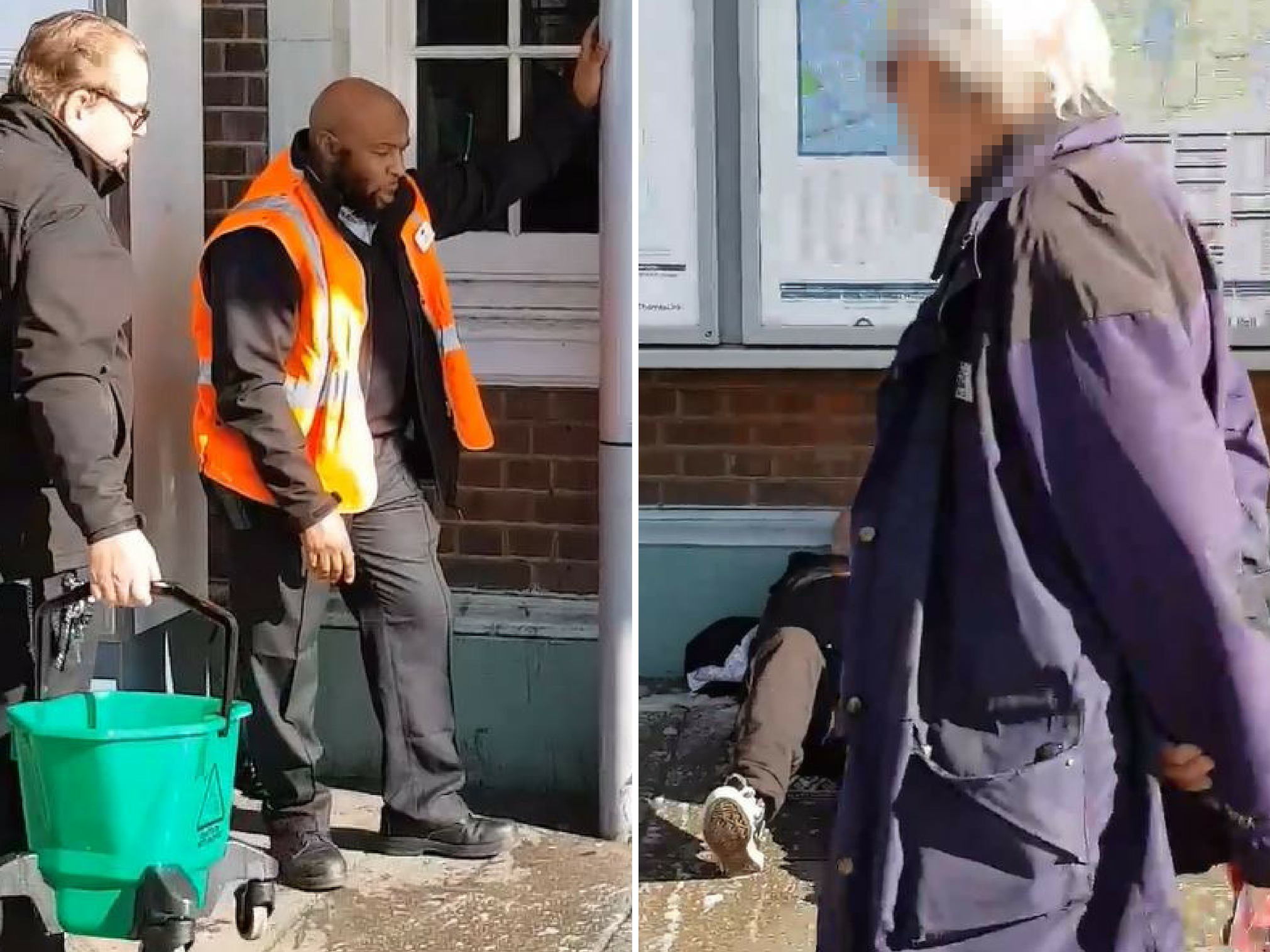 Two Southern Railway workers have been suspended after a bucket of water appeared to be thrown towards a homeless man lying on the ground outside Sutton railway station in southwest London on 21 February 2019.