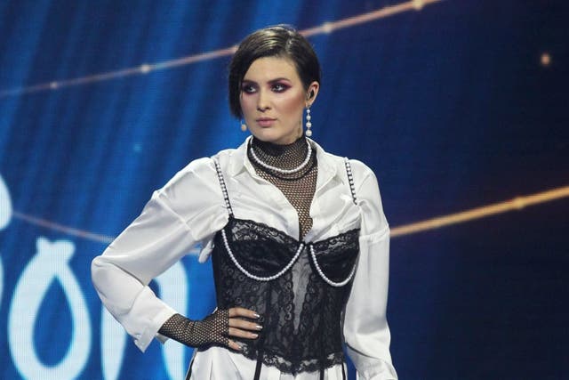 Anna Korsun, who performs under the name of Maruv, center, on stage at the national nomination for Eurovision in Kiev, Ukraine. Ukraine's entry for the Eurovision song contest has come into jeopardy after the national broadcaster told the winner to choose between the nomination and concerts in Russia