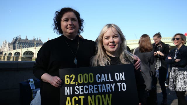 Derry Girls cast members Siobhan McSweeney and Nicola Coughlan (right) join MPS and women impacted by Northern Ireland's strict abortion laws