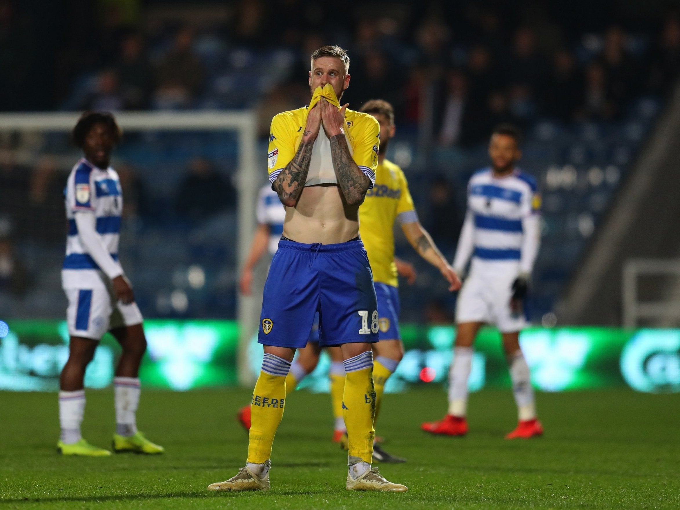 Pontus Jansson reacts during the clash at Loftus Road