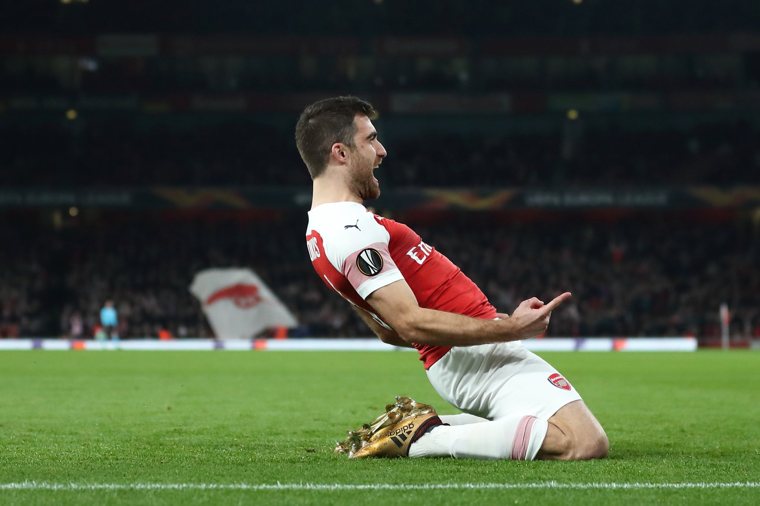 Sokratis celebrates scoring for Arsenal