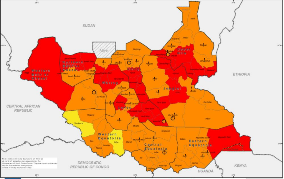 The areas in red signify phase 4 or ‘emergency’ levels of hunger, according to a map by the Integrated Food Security Phase Classification for February to April
