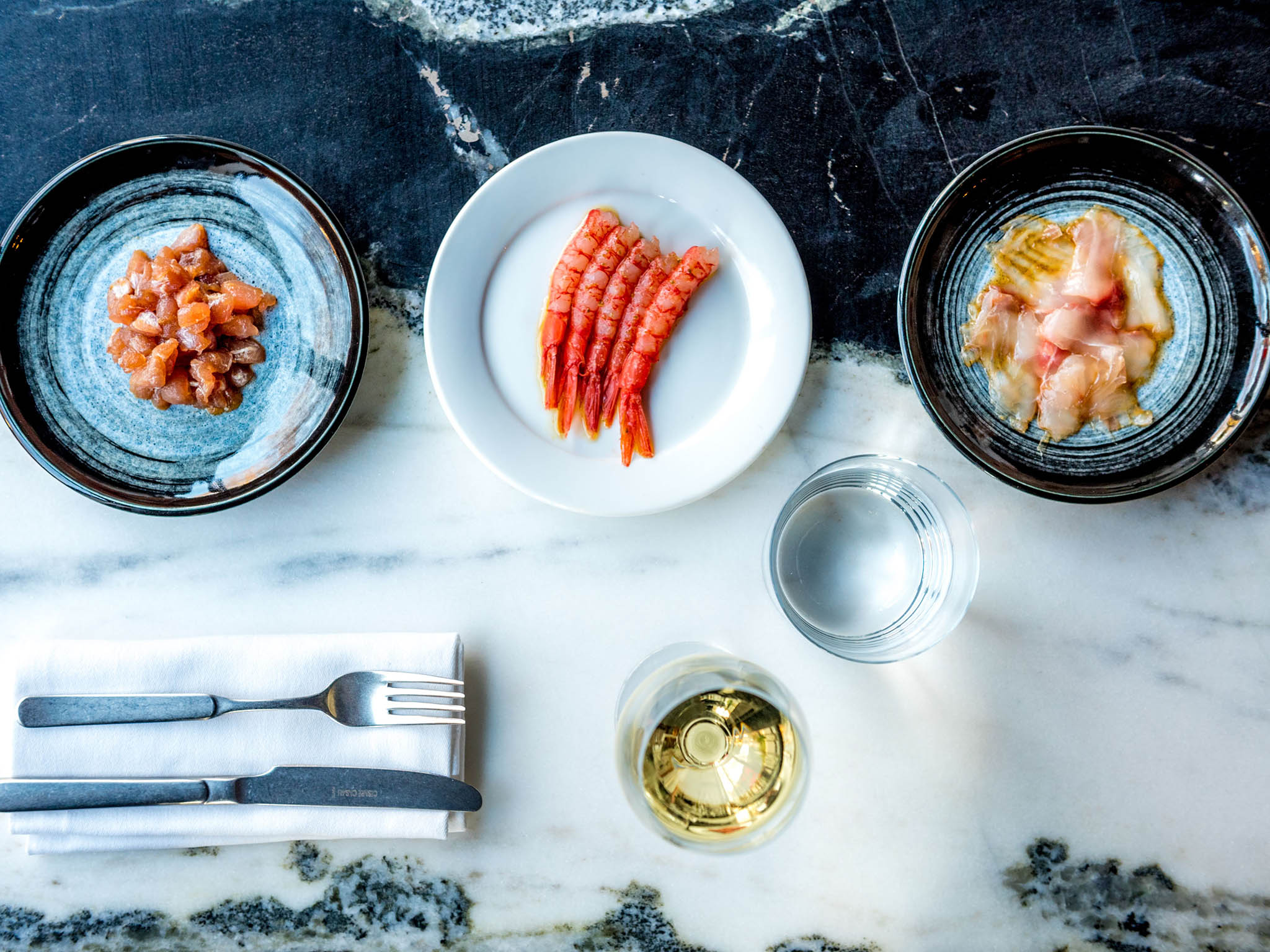 Raw fish trio: tuna, red prawns and seabream ceviche form part of the starting sharing plates