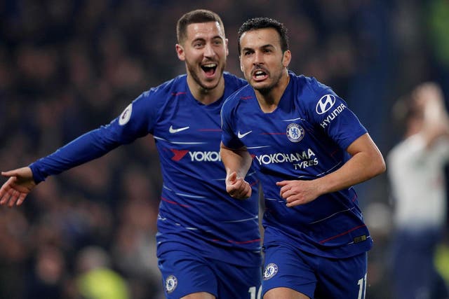 Pedro celebrates putting Chelsea ahead against Tottenham