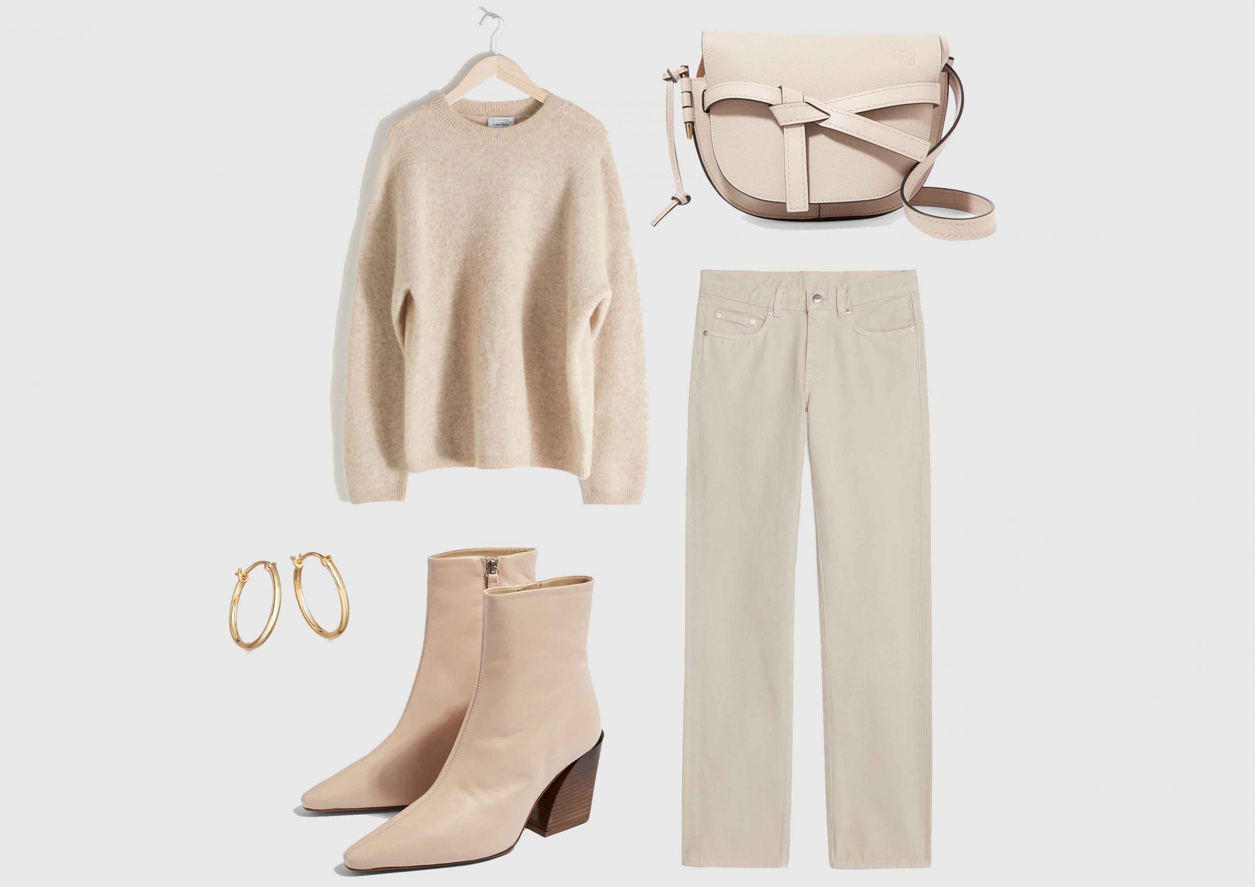 Stilla Gold Hoop Earrings, £70, Astley Clarke; Alpaca Blend Sweater, £69, &amp; Other Stories; Henley High Ankle Boots, £89, Topshop; Loewe, Gate Small Textured Leather Shoulder Bag, £1,350, Net-a-Porter; Overdyed Jeans, £55, Arket