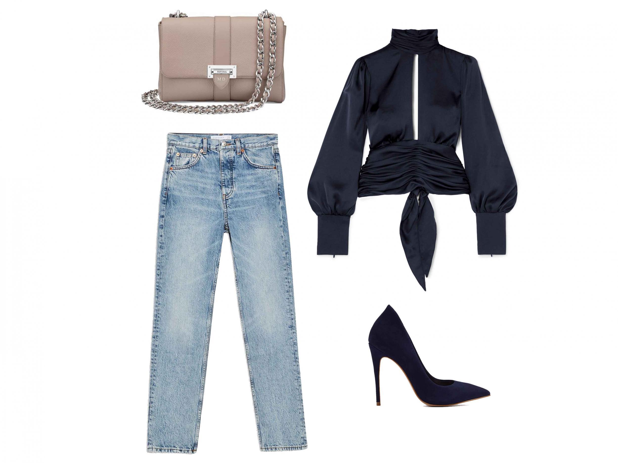 Large Lottie Bag, £650, Aspinal of London; Bleach Editor Jeans, £49, Topshop; Orseund Iris, Night Out Ruched Satin Blouse, £515, Net-a-Porter; Cassedy Heels, £75, Aldo