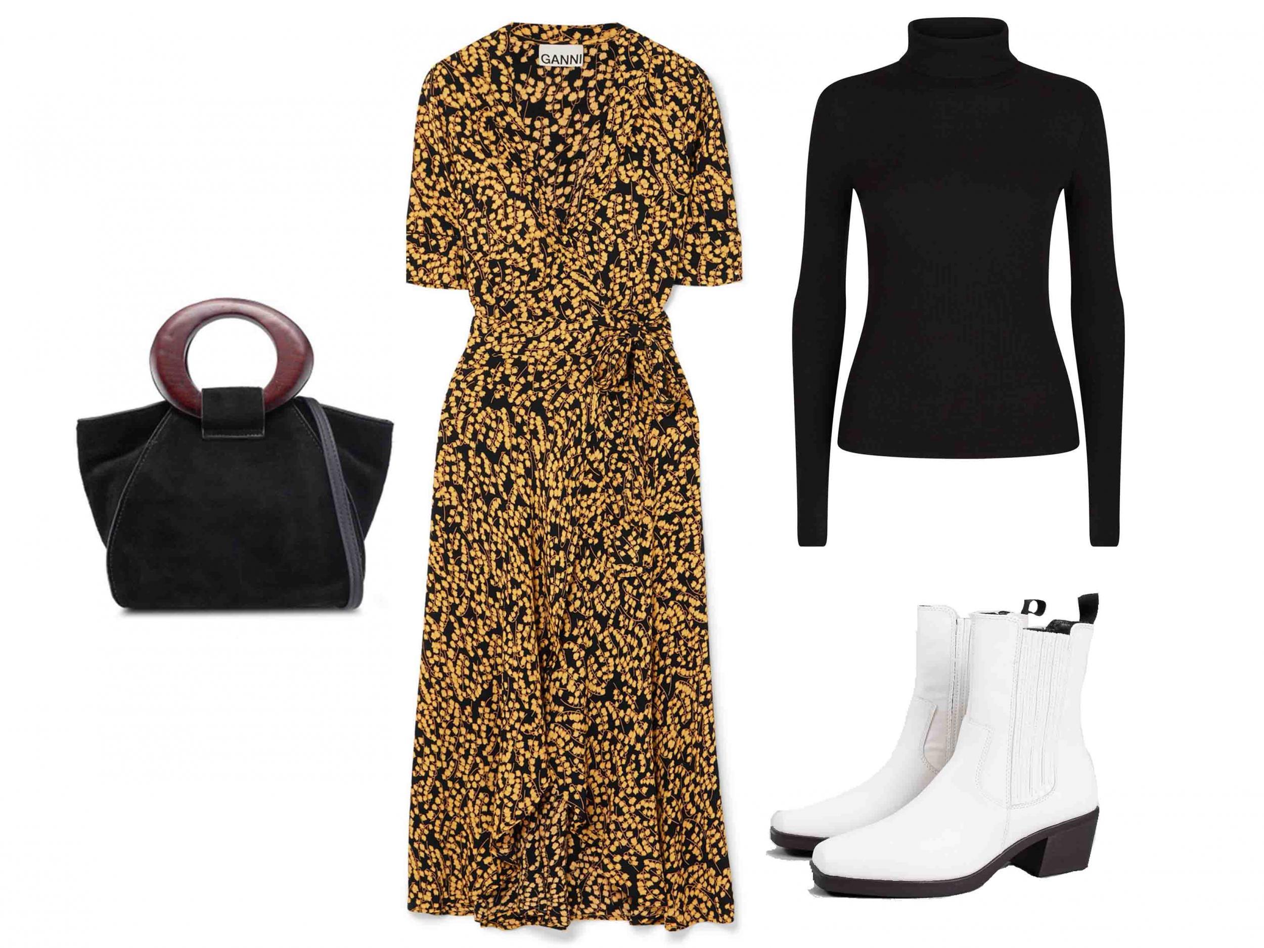 Wooden Handle Leather Bag, £59.99, Mango; Ganni, Goldstone Floral-Print Crepe de Chine Wrap Dress, £160, Net-a-Porter; Black Ribbed Roll Neck Top, £8.99, New Look; Vagabond Simone High Chelsea White Leather Boots, £125, Office