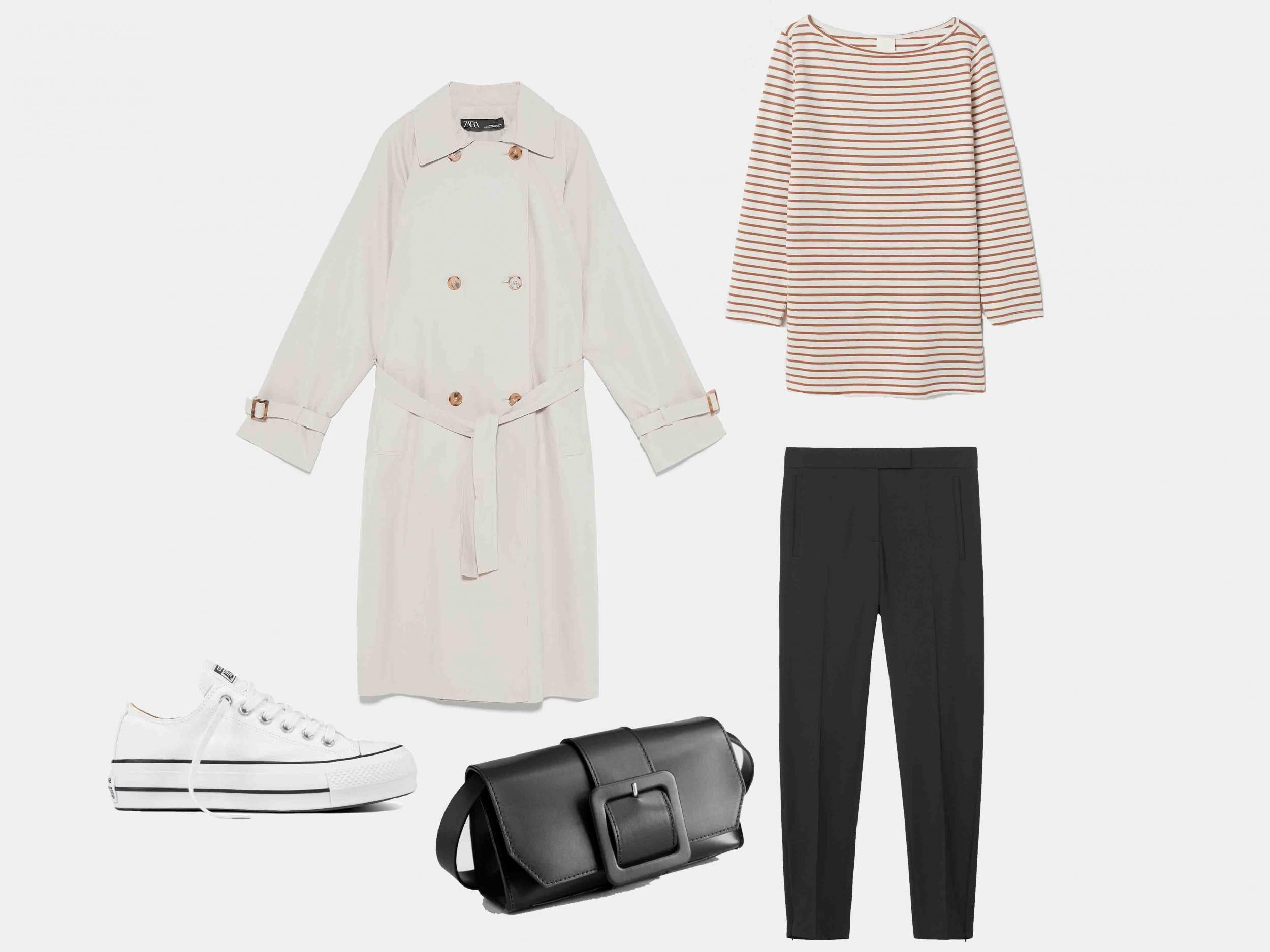 Chuck Taylor All Star Lift, £60, Converse; Trench Coat with Belt, £79.99, Zara; Buckle Crossbody Bag, £79, &amp; Other Stories; Boat-Necked Jersey Top, £8.99, H&amp;M; Slim Tailored Trousers with Zips, £69, Cos