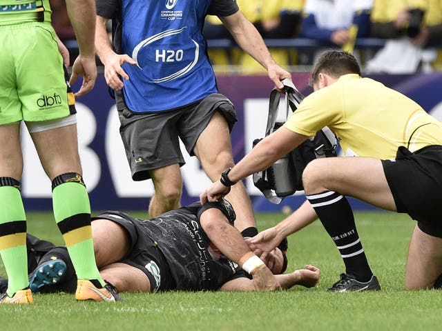 Clermont’s French scrum-half, Morgan Parra, is concussed during the ERC Cup match against Northampton in October 2017