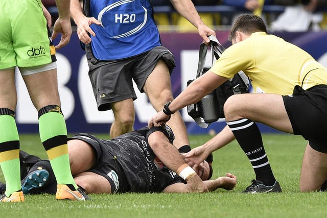 Clermont’s French scrum-half, Morgan Parra, is concussed during the ERC Cup match against Northampton in October 2017