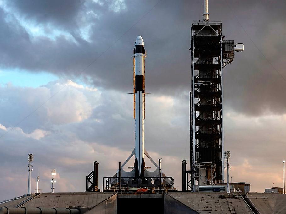 The SpaceX Crew Dragon spacecraft atop the Falcon 9 rocket at Nasa's Kennedy Space Center in Florida, 27 February 2019