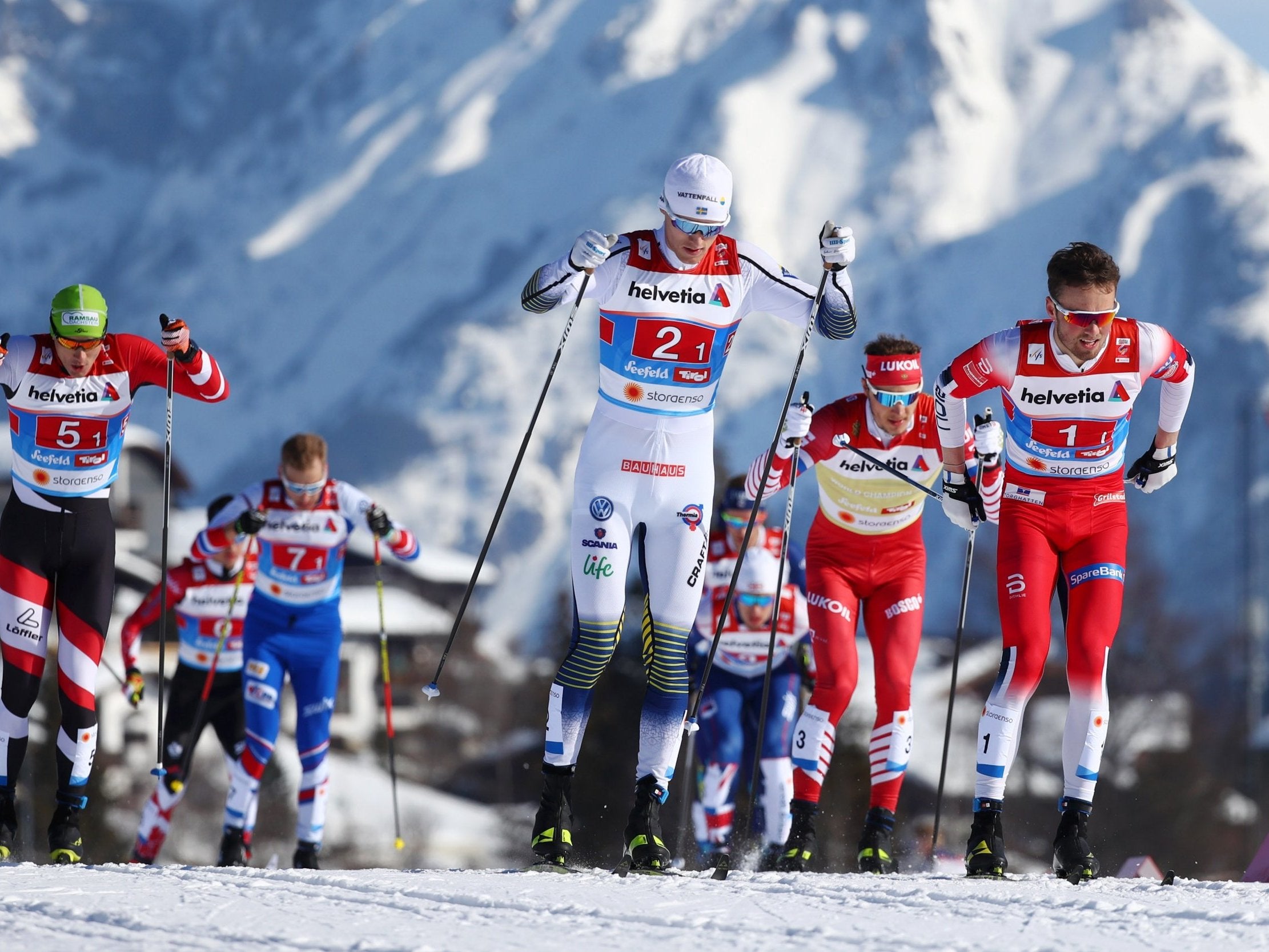 Max Hauke (right) competes at the 2018 Nordic World Ski Championships