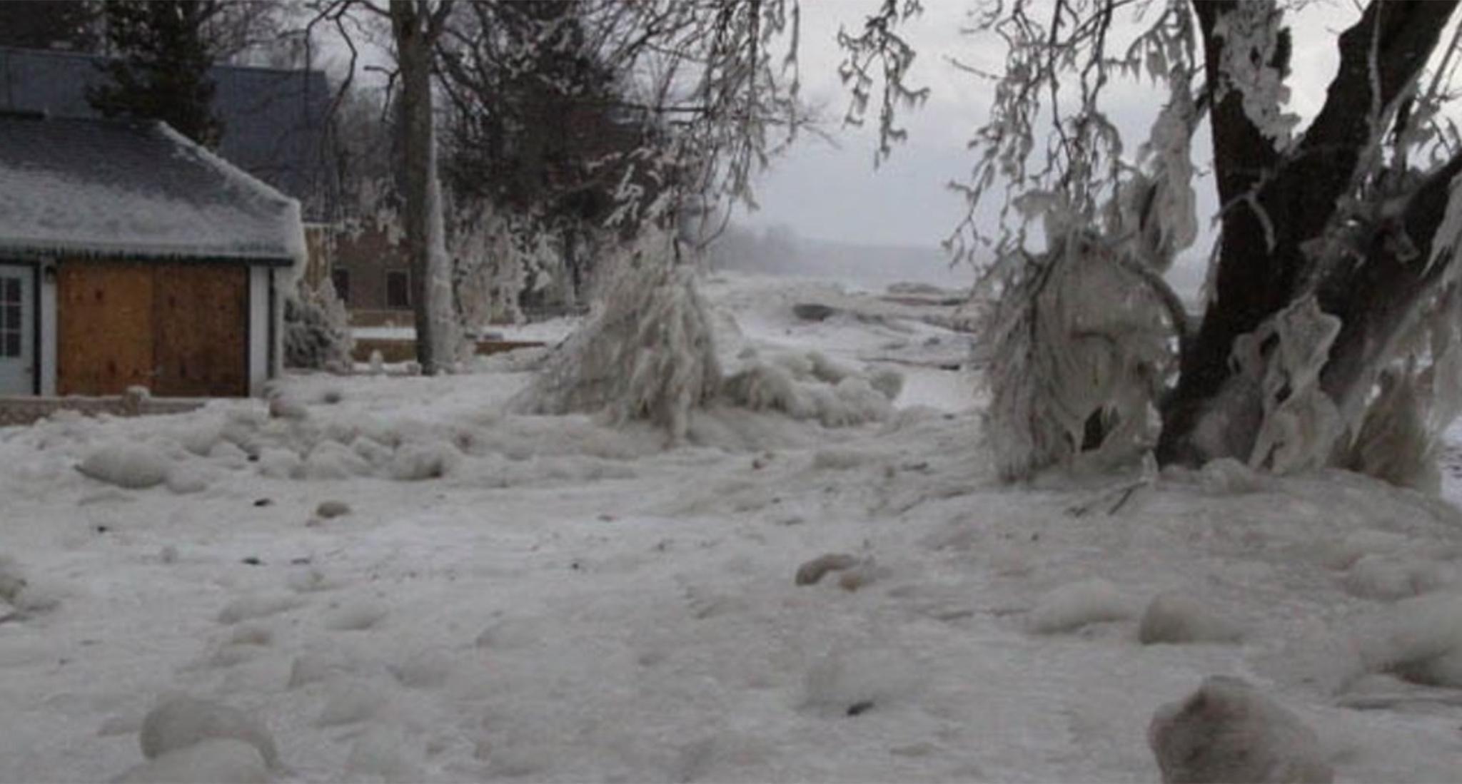Standing on Ramona Beach on the south side of Lake Ontario, the property was hit by an ‘ice tsunami’, a phenomenon that occurs when strong winds blow blocks of ice from the water onto the shore.