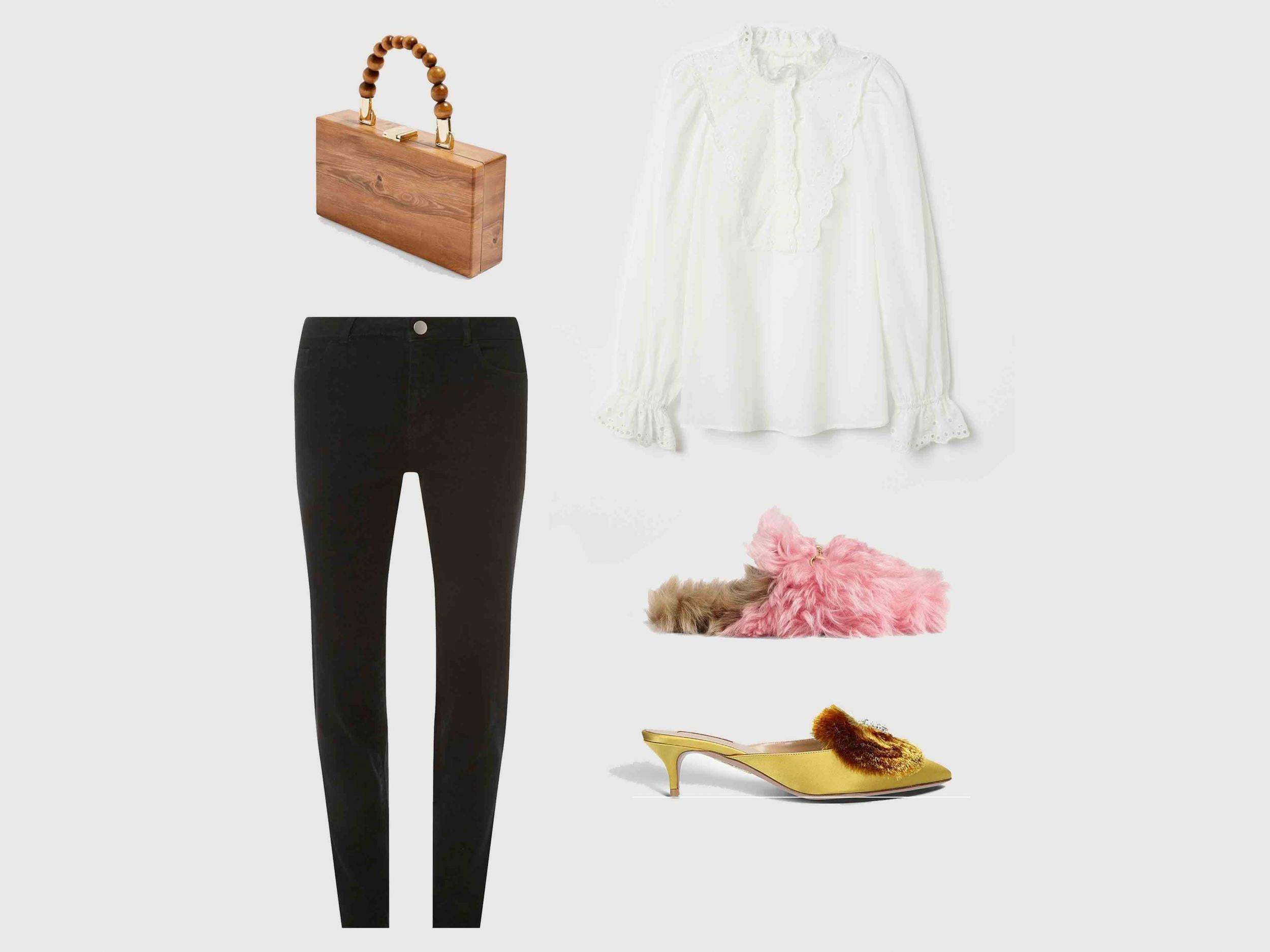 Gina Ball Boxy Grab Bag, £32, Topshop; Black Straight Leg Jeans, £16, Dorothy Perkins; Blouse with Broderie Anglaise, £24.99, H&amp;M; Gucci, Pink Princetown Merino Wool Mules, £805, Farfetch; Aquazzura, Crystal Lotus 45 Suede Mules, £580, Selfridges