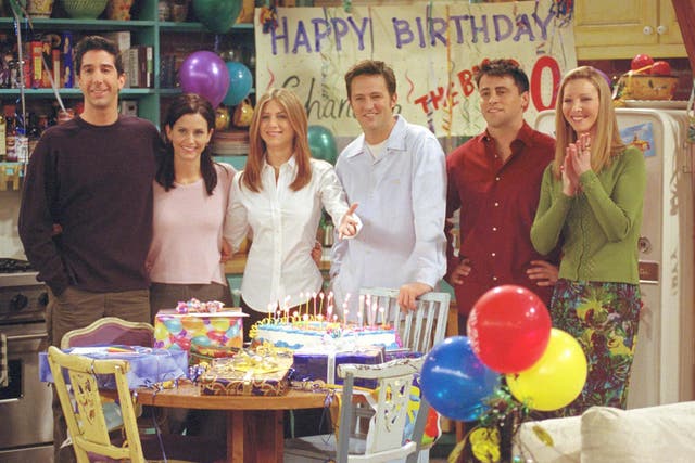 David Schwimmer, Courteney Cox, Jennifer Aniston, Matthew Perry, Matt LeBlanc and Lisa Kudrow are pictured on the set of 'The One where They All Turn Thirty', the 14th episode of the seventh episode of Friends, which aired in 2001.