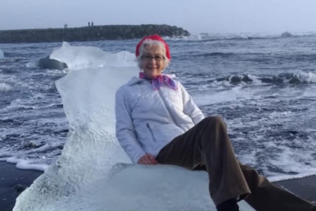 Judith Streng, from Texas, posed on the iceberg during a visit to the Jökulsárlón Lagoon in Iceland