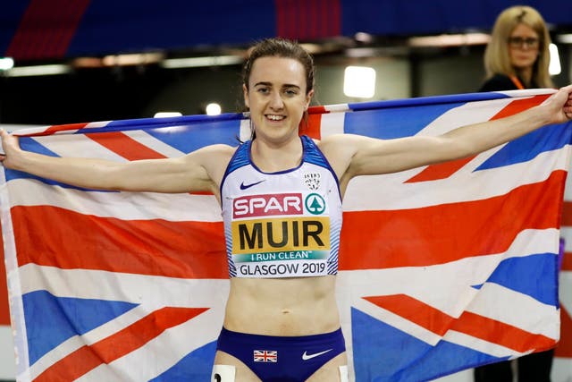 Laura Muir celebrates after winning in the women's 3,000m final at the European Indoor Championships