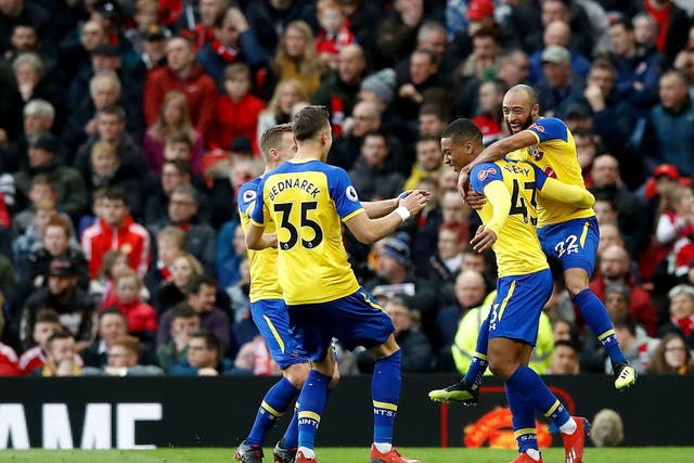 Southampton celebrate after Yan Valery's stunning opener against Manchester United
