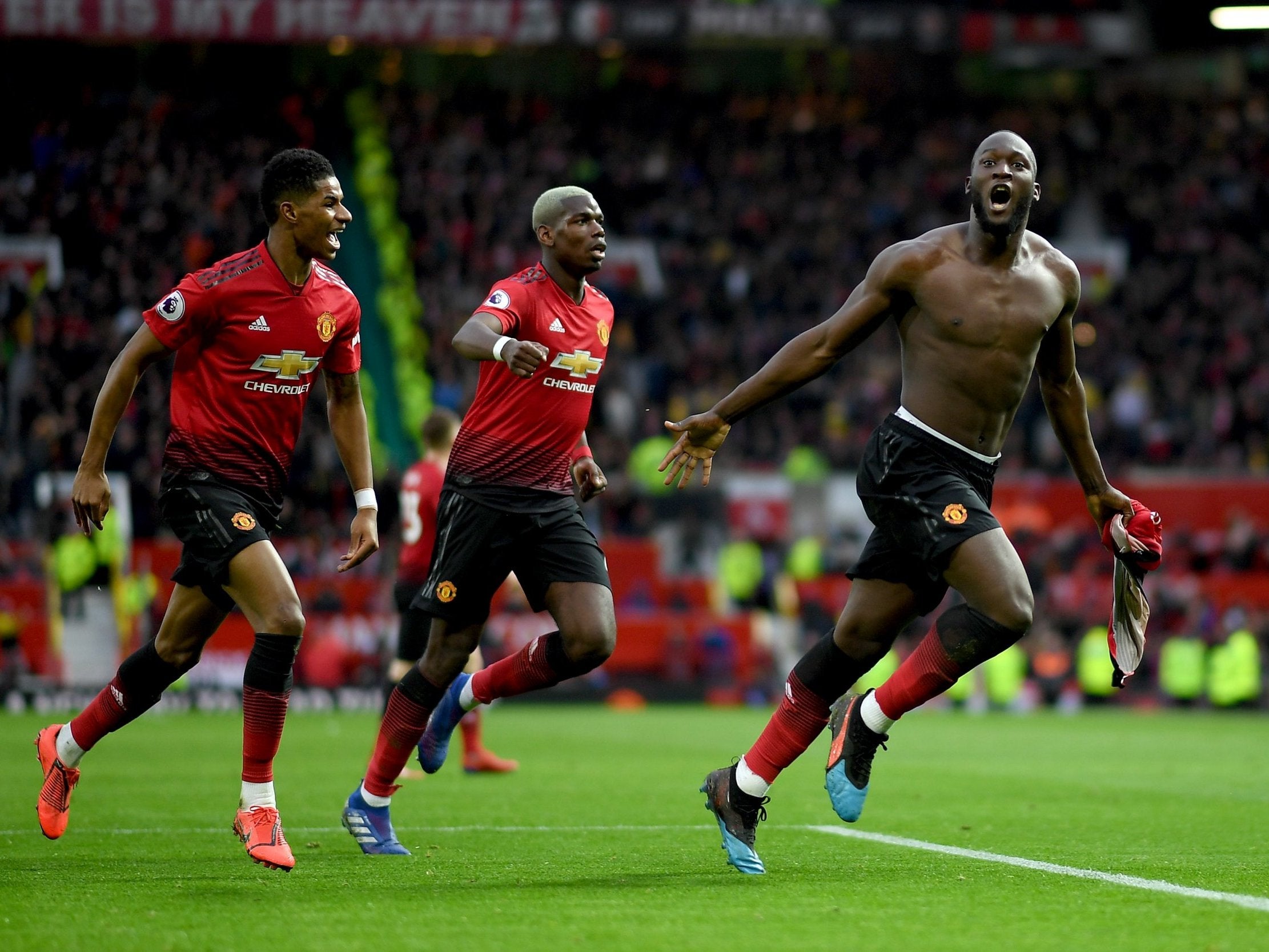 Romelu Lukaku celebrates scoring United's third of the game