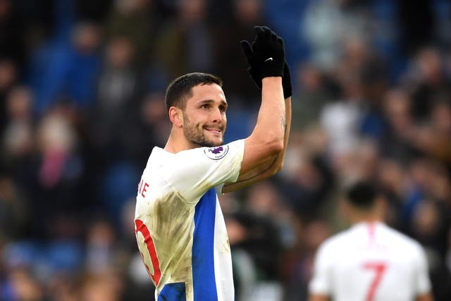 Florin Andone celebrates Brighton's 1-0 victory over Huddersfield Town