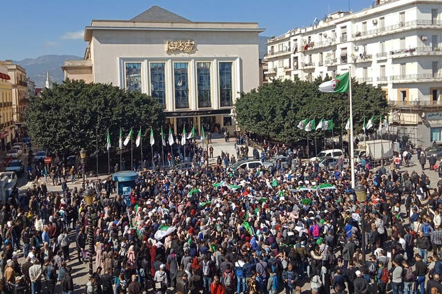 Algerians participate in a protest rally against ailing president’s bid for a fifth term in power, in the northeastern city of Annaba