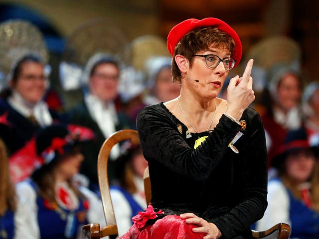 Annegret Kramp-Karrenbauer delivering her satirical speech in fancy dress during carnival festivities last week
