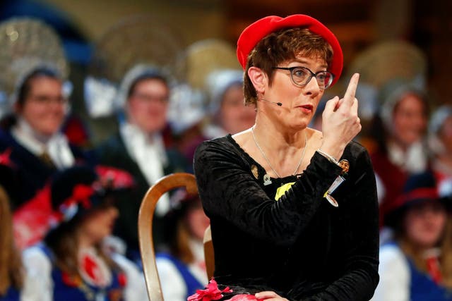 Annegret Kramp-Karrenbauer delivering her satirical speech in fancy dress during carnival festivities last week