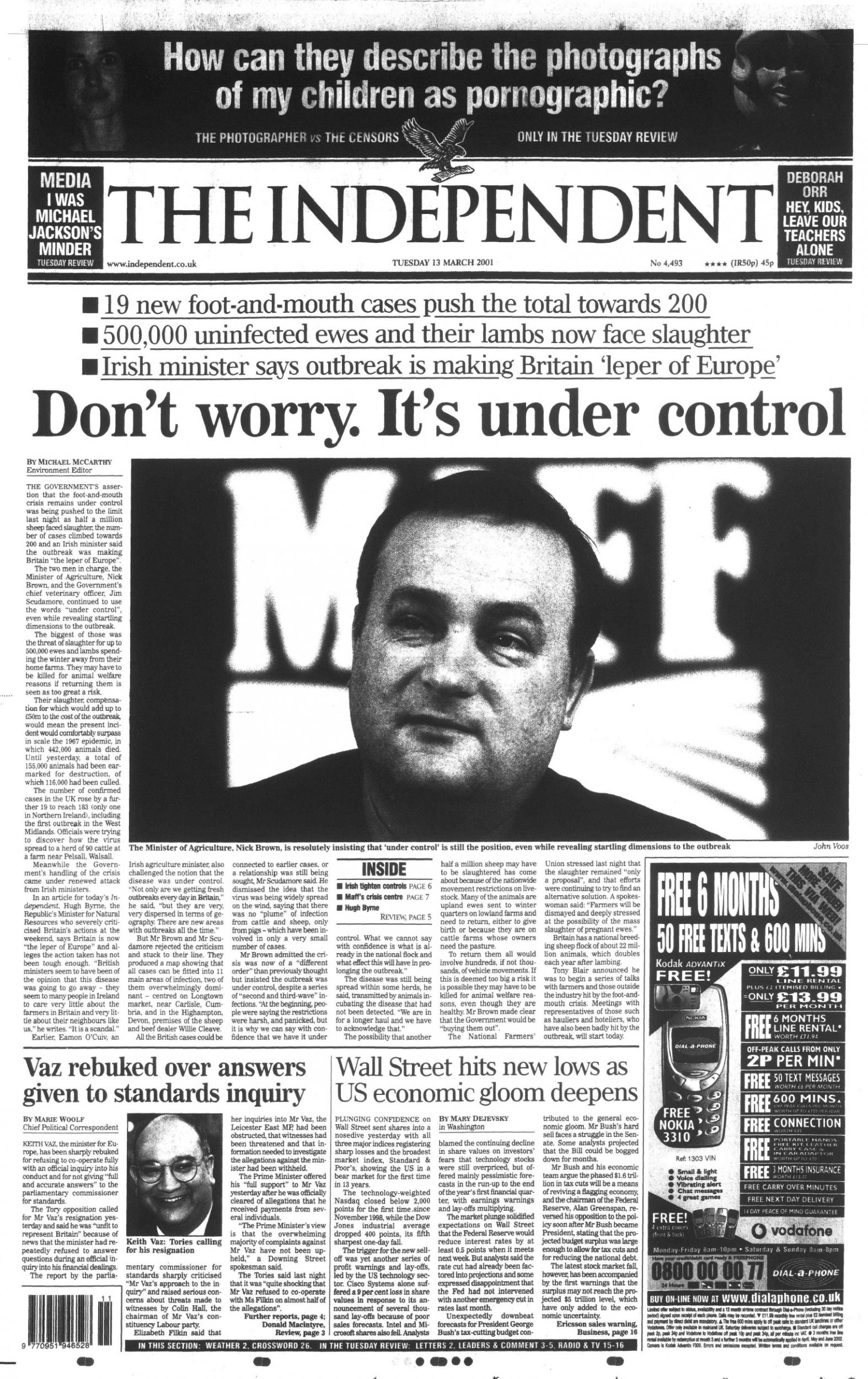 The Independent, front page, 13 March 2001