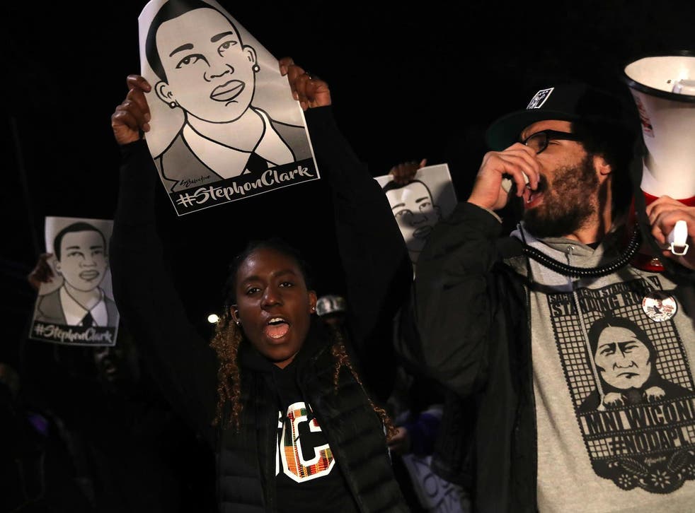 Black Lives Matter protesters march through the streets as they demonstrate the decision by Sacramento District Attorney to not charge the Sacramento police officers who shot and killed Stephon Clark last year on March 04, 2019 in Sacramento, California.