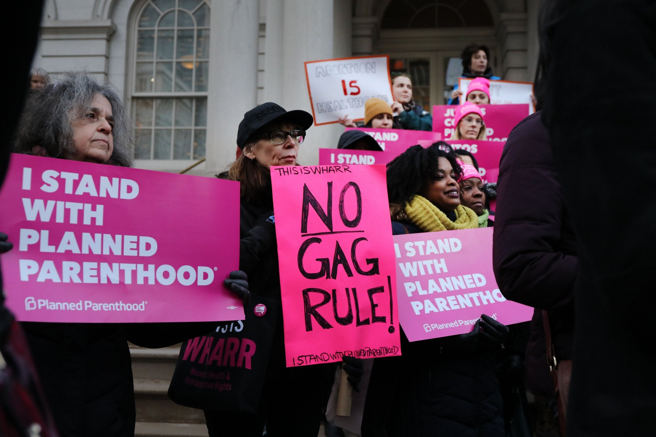 Pro-choice activists demonstrate against the Trump administration’s title X rule change in New York City