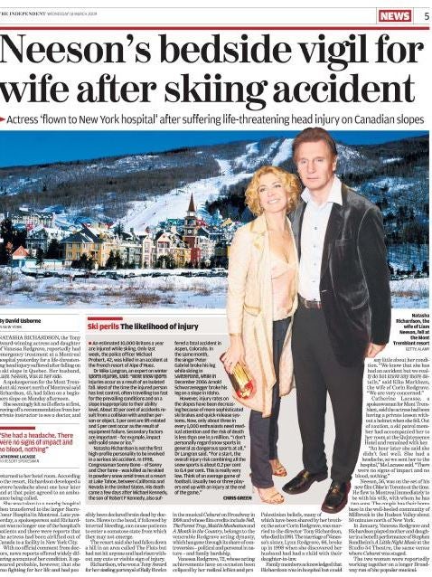 Richardson’s fatal accident as it was reported on 18 March 2009 (The Independent)