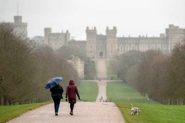 Dog walkers on the Long Walk at Windsor Castle in Berkshire
